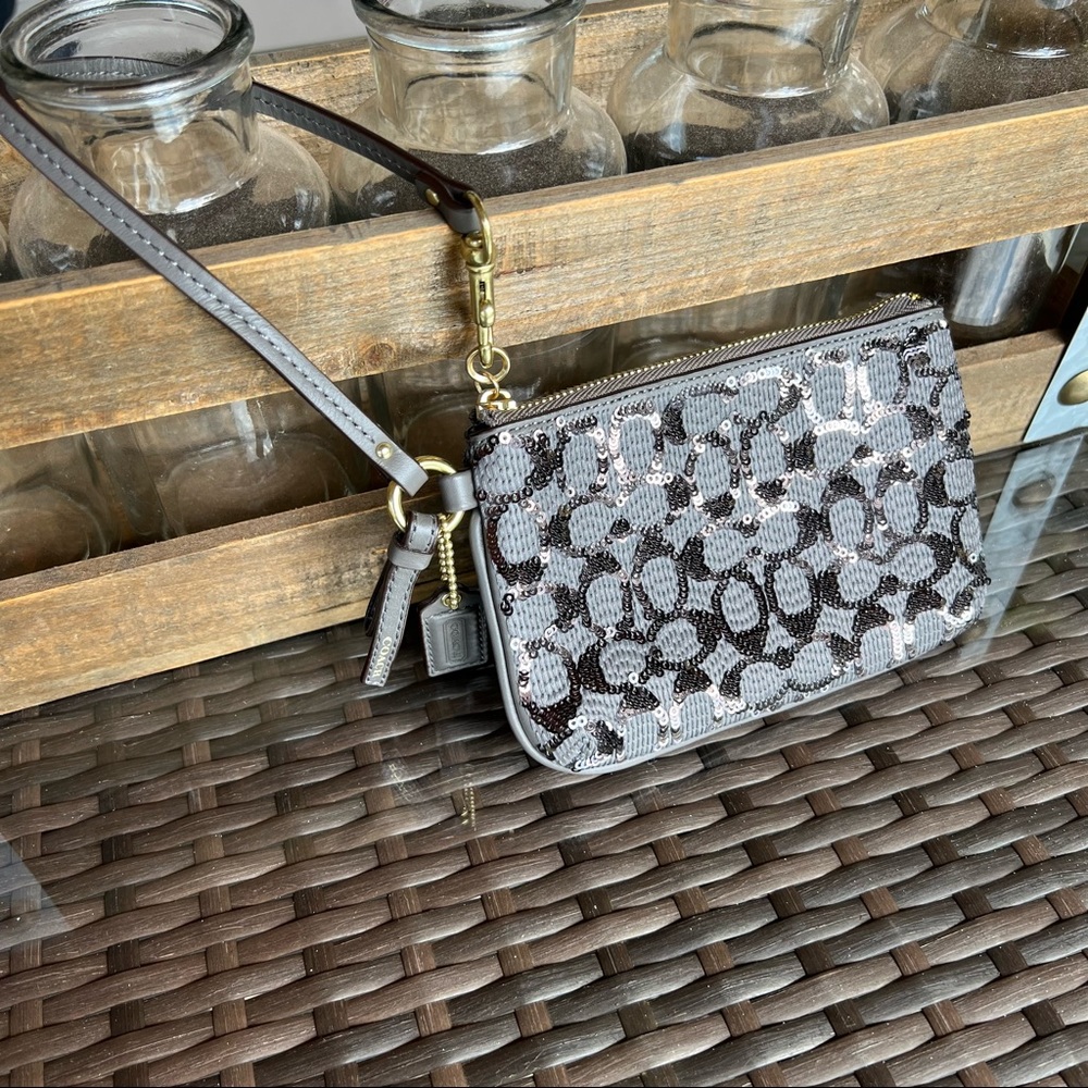 Coach Grey & Silver Sparkle Monogram Wristlet Bag Charm Wallet